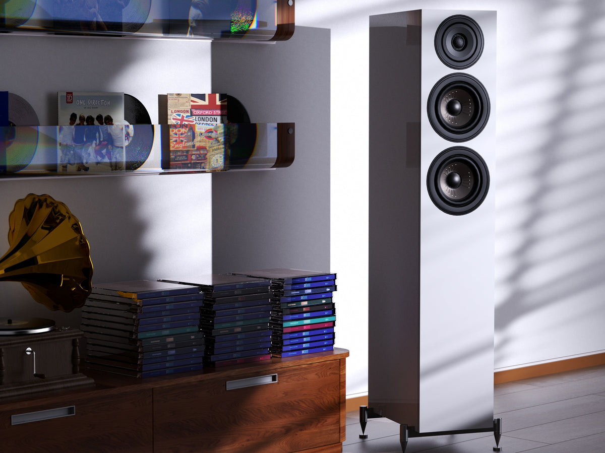 Wharfedale floorstanding speaker with a vinyl record collection